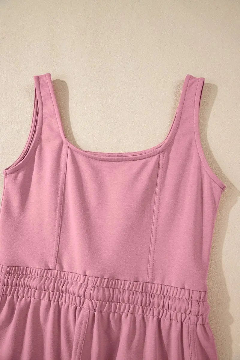 Light Pink Lace-up Elastic Waist Sleeveless Square Neck Jumpsuit - Love Salve